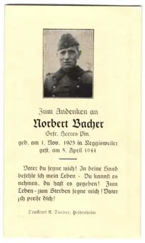 Sterbebild Norbert Bacher (1903-1944), Gefreiter Heeres Pin., gefallen am 5. April 1944