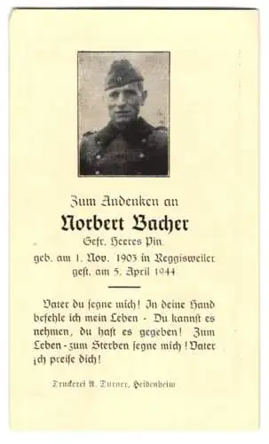 Sterbebild Norbert Bacher (1903-1944), Gefreiter Heeres Pin., gefallen am 5. April 1944