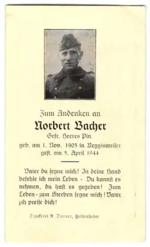 Sterbebild Norbert Bacher (1903-1944), Gefreiter Heeres Pin., gefallen am 5. April 1944