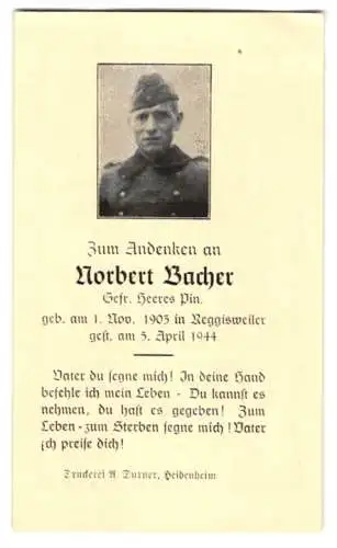 Sterbebild Norbert Bacher (1903-1944), Gefreiter Heeres Pin., gefallen am 5. April 1944