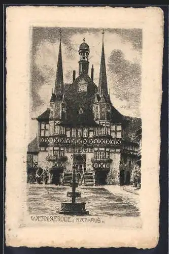 Künstler-AK Wernigerode, Rathaus mit Brunnen