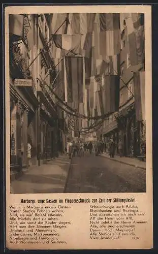 AK Marburg, Strasse Wettergasse im Flaggenschmuck zur Zeit der Stiftungsfeste