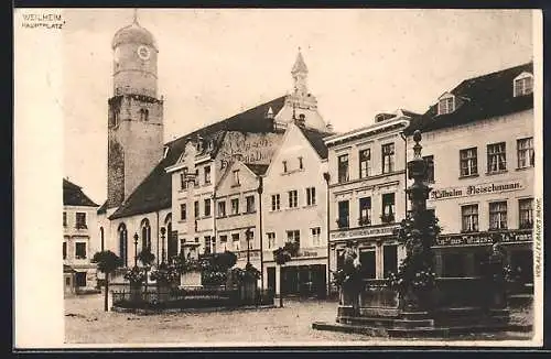 AK Weilheim / Obb., Strassenpartie am Hauptplatz mit Geschäft Wilhelm Fleischmann