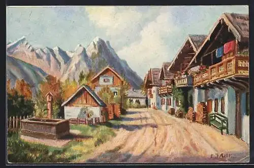 Künstler-AK Degi Nr. 1476, Frühlingsstrasse in Garmisch