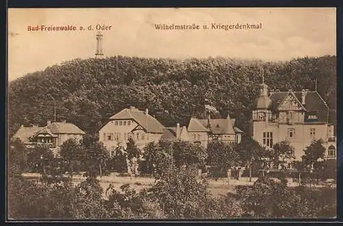 AK Bad Freienwalde a. d. Oder, Wilhelmstrasse und Kriegerdenkmal