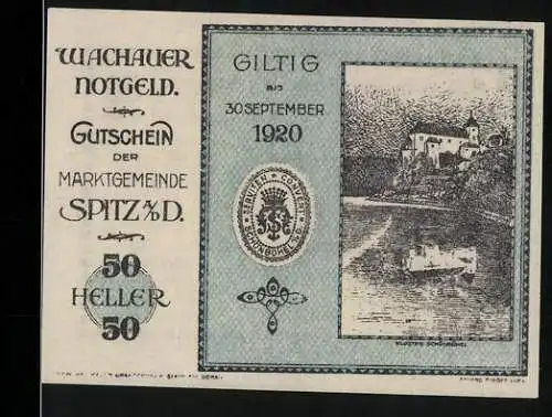 Notgeld Spitz 1920, 50 Heller, Burg und Flusslandschaft, gültig bis 30. September 1920