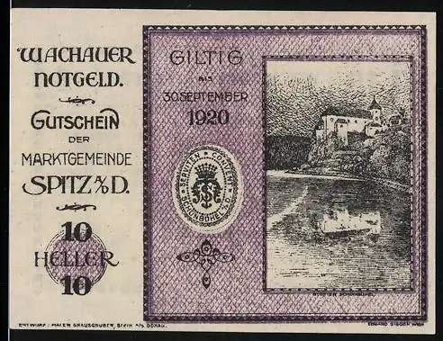 Notgeld Spitz 1920, 10 Heller, Burg und Flusslandschaft, Gültigkeit bis 30. September