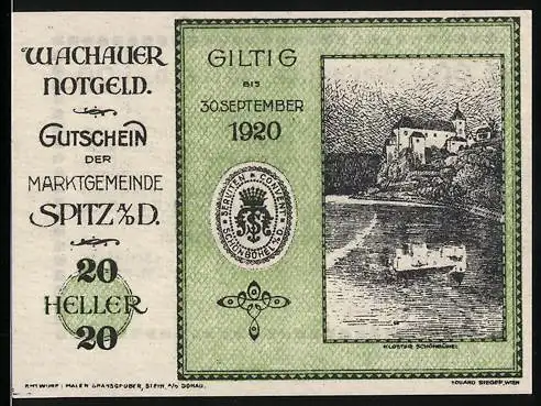 Notgeld Spitz 1920, 20 Heller, Flusslandschaft mit Burg, gültig bis 30. September 1920, mit Gemeindesiegel