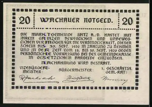 Notgeld Spitz 1920, 20 Heller, Flusslandschaft mit Burg, gültig bis 30. September 1920, mit Gemeindesiegel