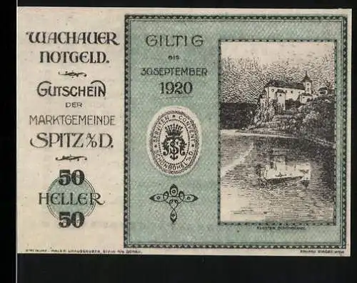 Notgeld Spitz 1920, 50 Heller, Burgansicht und Wappen, gültig bis 30. September 1920