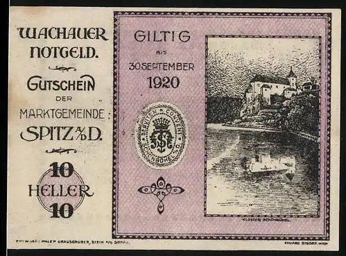 Notgeld Spitz 1920, 10 Heller, Kloster Schönbühel Abbildung, Wappen und Seriennummer enthalten