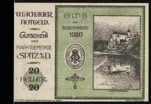 Notgeld Spitz 1920, 20 Heller, Kloster Schönbühel, gültig bis 30. September 1920