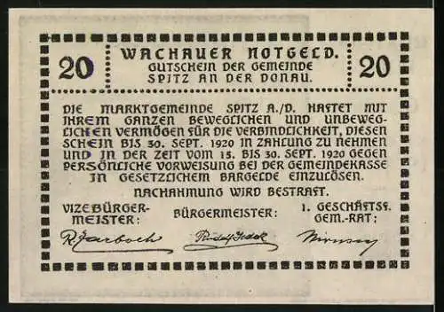 Notgeld Spitz 1920, 20 Heller, Kloster Schönbühel, gültig bis 30. September 1920