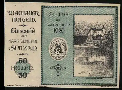 Notgeld Spitz an der Donau 1920, 50 Heller, Burgruine an der Donau, Wappen und Serienscheinnummer