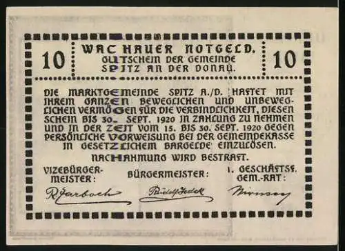 Notgeld Spitz a. d. Donau 1920, 10 Heller, Flusslandschaft mit Burg, Wappen und Gültigkeitsvermerk