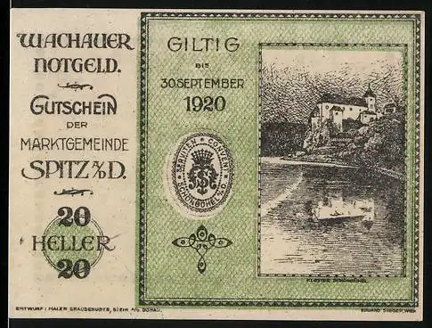 Notgeld Spitz an der Donau 1920, 20 Heller, Landschaft mit Fluss und Burg, Wappen der Marktgemeinde