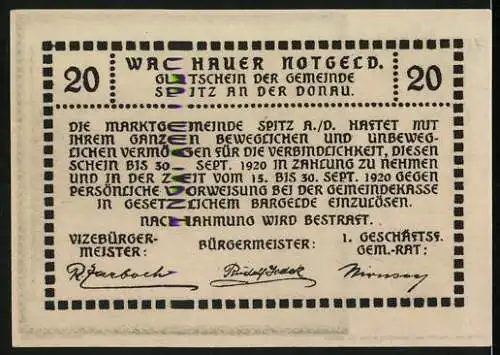 Notgeld Spitz an der Donau 1920, 20 Heller, Landschaft mit Fluss und Burg, Wappen der Marktgemeinde