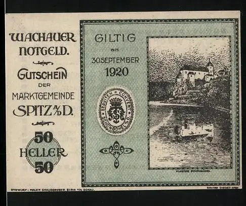 Notgeld Spitz an der Donau 1920, 50 Heller, Landschaft mit Kloster, gültig bis 30. September 1920, Wappen enthalten