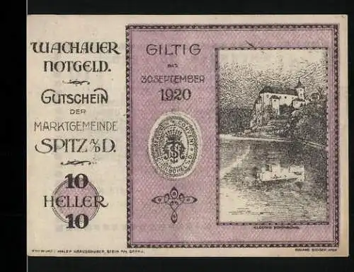 Notgeld Spitz 1920, 10 Heller, Schloss am Flussufer, gültig bis 30. September 1920