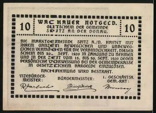 Notgeld Spitz 1920, 10 Heller, Schloss am Flussufer, gültig bis 30. September 1920