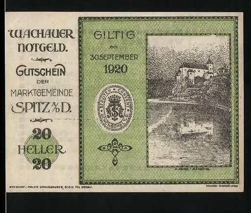 Notgeld Spitz a.d. Donau 1920, 20 Heller, Landschaft mit Fluss und Burg, Wappen der Gemeinde