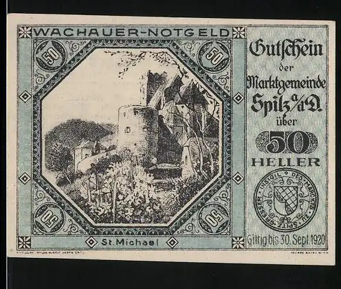 Notgeld Spitz 1920, 50 Heller, St. Michael Burgruine, Wachauer Notgeld gültig bis 30. Sept. 1920