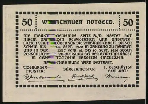 Notgeld Spitz 1920, 50 Heller, St. Michael Burgruine, Wachauer Notgeld gültig bis 30. Sept. 1920