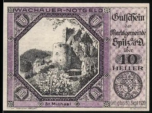 Notgeld Spitz a.d. Donau 1920, 10 Heller, St. Michael, Wappen und Signaturen