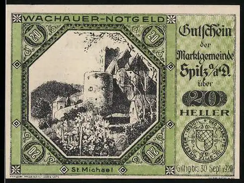 Notgeld Spitz a.d. Donau 1920, 20 Heller, Burgruine St. Michael, gültig bis 30. September 1920