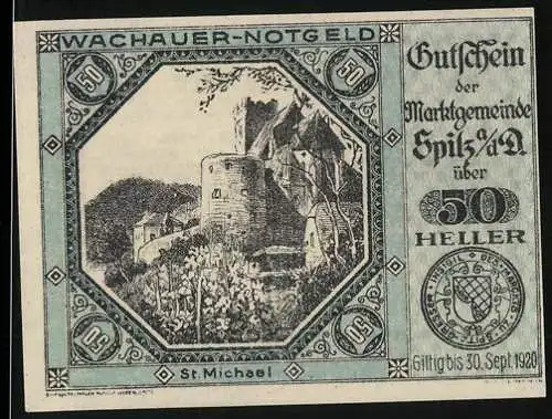 Notgeld Spitz 1920, 50 Heller, St. Michael und Wappen, gültig bis 30. Sept. 1920