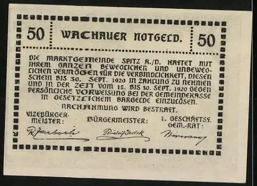 Notgeld Spitz 1920, 50 Heller, St. Michael und Wappen, gültig bis 30. Sept. 1920