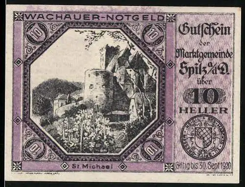 Notgeld Spitz a.d. Donau 1920, 10 Heller, Burgruine St. Michael, gültig bis 30. Sept. 1920