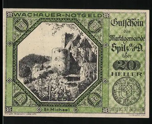 Notgeld Spitz an der Donau 1920, 20 Heller, Burg und Weinberge, Wappen und Unterschriften