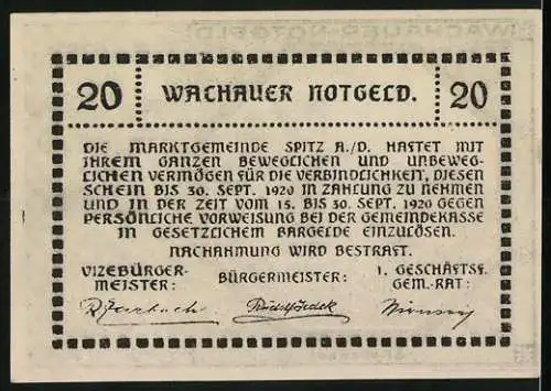 Notgeld Spitz an der Donau 1920, 20 Heller, Burg und Weinberge, Wappen und Unterschriften