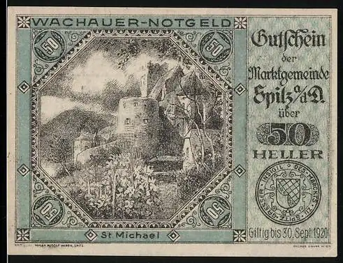 Notgeld Spitz 1920, 50 Heller, Burgruine St. Michael, Gutschein der Marktgemeinde, gültig bis 30. Sept. 1920