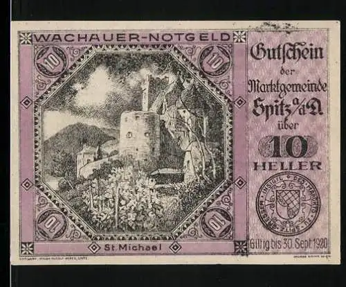 Notgeld Spitz an der Donau 1920, 10 Heller, Burg, Wappen und Signaturen