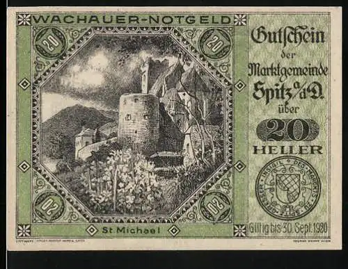 Notgeld Spitz 1920, 20 Heller, St. Michael Motiv, gültig bis 30. Sept. 1920