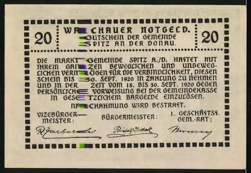 Notgeld Spitz 1920, 20 Heller, St. Michael Motiv, gültig bis 30. Sept. 1920