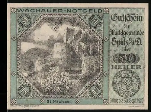 Notgeld Spitz 1920, 50 Heller, Burgruine St. Michael, gültig bis 30. Sept. 1920, Wappen