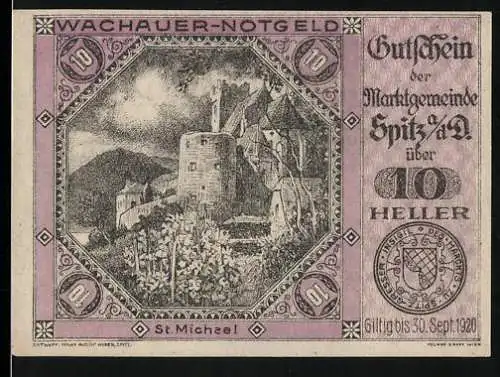 Notgeld Spitz an der Donau 1920, 10 Heller, Burg St. Michael und Weinberge, gültig bis 30. Sept. 1920