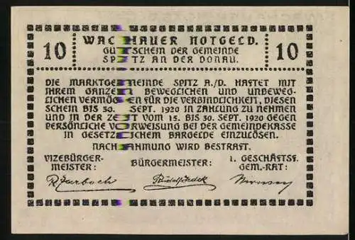 Notgeld Spitz an der Donau 1920, 10 Heller, Burg St. Michael und Weinberge, gültig bis 30. Sept. 1920