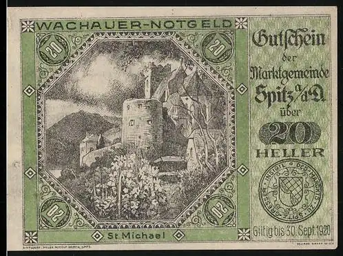 Notgeld Spitz 1920, 20 Heller, Burgruine St. Michael, Wappen der Marktgemeinde, gültig bis 30. September 1920