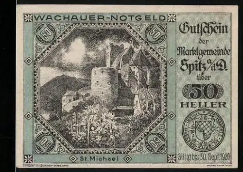 Notgeld Spitz 1920, 50 Heller, St. Michael und Wappen der Marktgemeinde