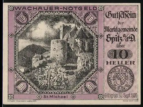 Notgeld Spitz 1920, 10 Heller, Burg St. Michael und Weingärten, gültig bis 30. Sept. 1920