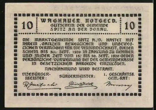 Notgeld Spitz 1920, 10 Heller, Burg St. Michael und Weingärten, gültig bis 30. Sept. 1920