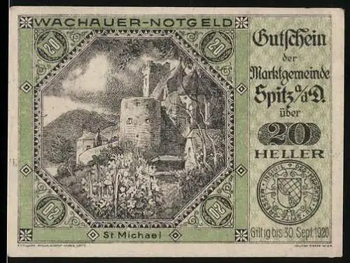 Notgeld Spitz 1920, 20 Heller, Burgruine St. Michael, gültig bis 30. Sept. 1920