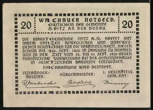 Notgeld Spitz 1920, 20 Heller, Burgruine St. Michael, gültig bis 30. Sept. 1920