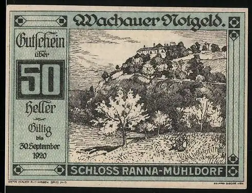 Notgeld Spitz a.d. Donau 1920, 50 Heller, Schloss Ranna-Mühldorf Motiv