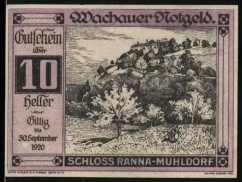 Notgeld Spitz a.d. Donau 1920, 10 Heller, Schloss Ranna-Mühldorf, Landschaftsmotiv