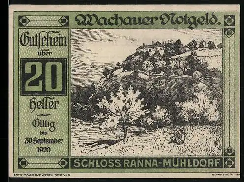 Notgeld Spitz a.d. Donau 1920, 20 Heller, Schloss Ranna-Mühldorf, Landschaftsmotiv